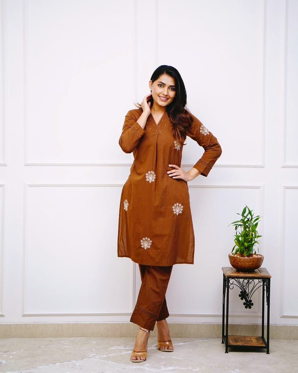 Brown Cotton Embroidered Office Wear Kurti Set